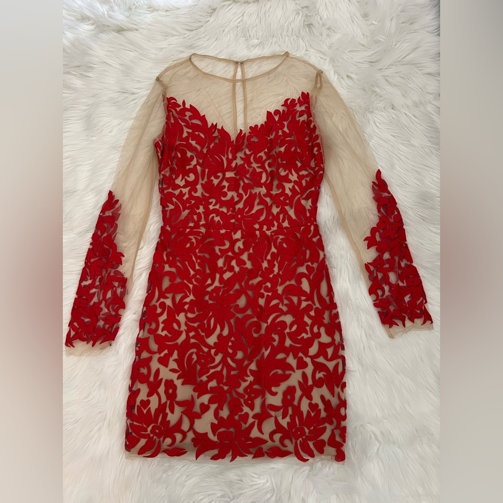 Bebe Elegant Red Floral Lace Dress